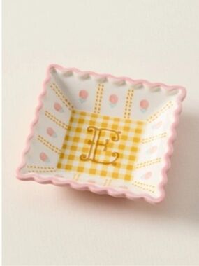 Anthropologie Monogram E Stoneware Trinket Dish Dice Holder In Pink & Yellow